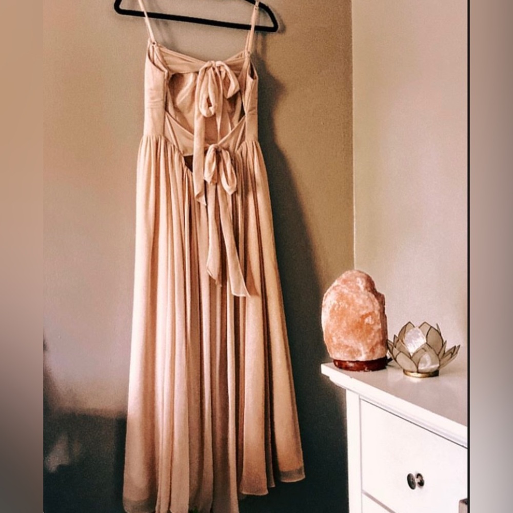 azazie champagne dress petite 6 tie back w slit bridesmaid prom boho